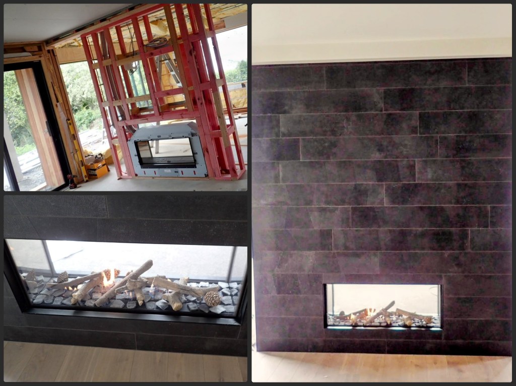 Two photos, side by side, showing gas fire installation progression in a residential property