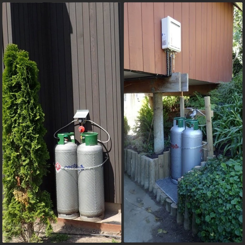 Two photos, side by side, left hand showing 2 LPG bottles with connector to outside wall of residence; right hand side showing two LPG bottles standalone underneath cantilevered residential platform